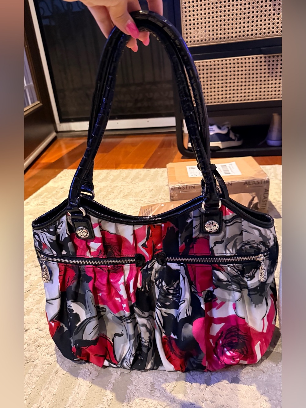 Brighton Floral Shoulder Handbag Purse Black Patent Trim EUC